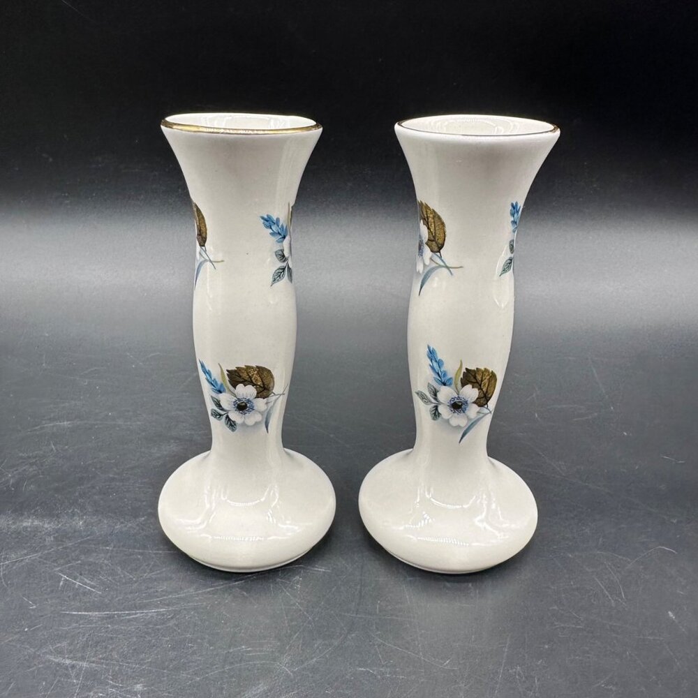 Vintage Floral Bud Vases Pair Gold Rim Blur Flowers Lord Nelson Pottery England